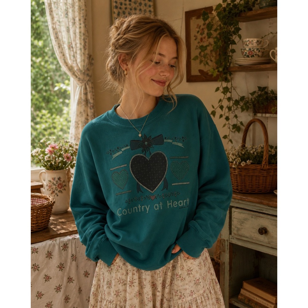 Vtg Jerzees Country at Heart Sweatshirt Green Graphic Cottage Grannycore S NEW